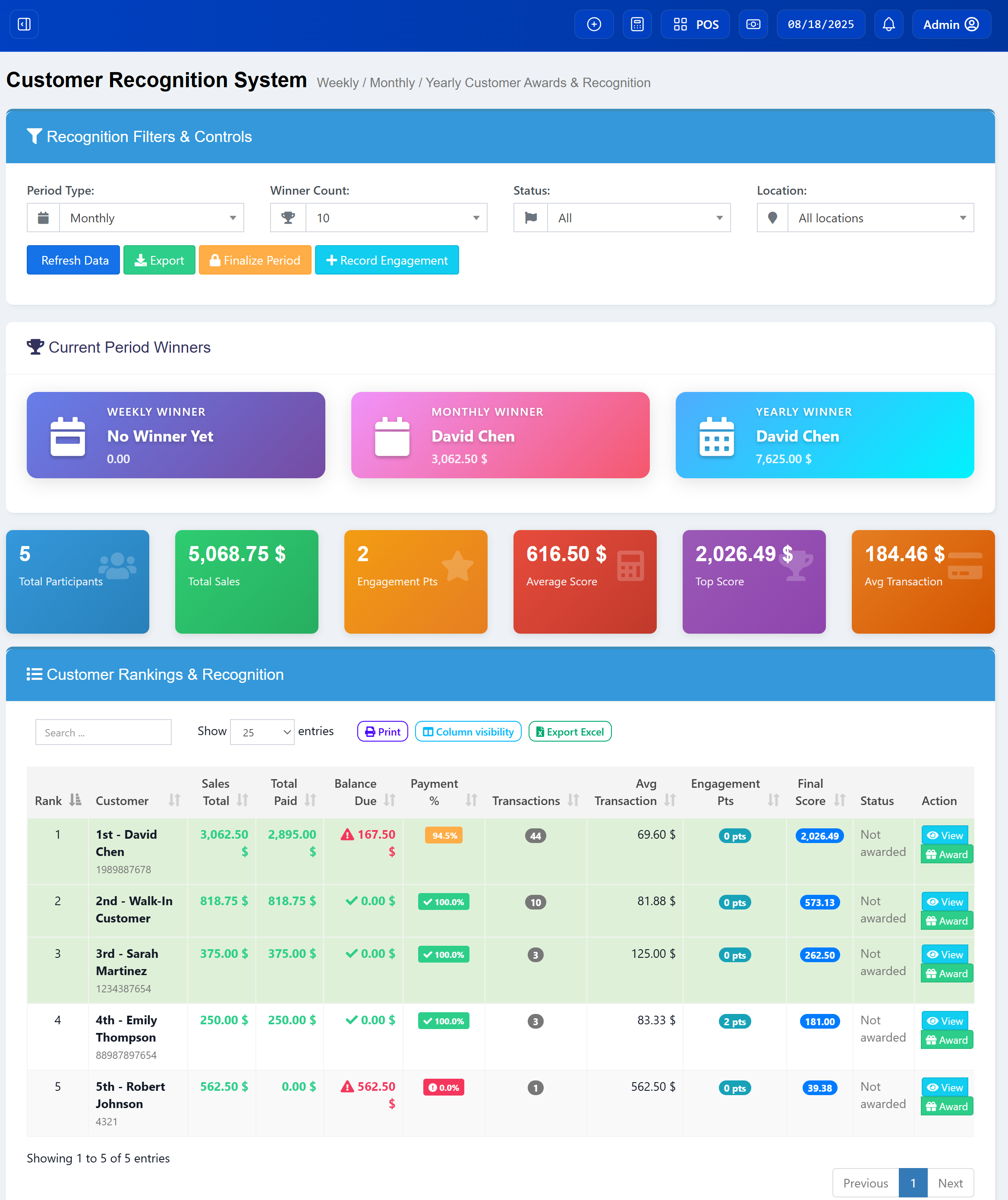Customer Recognition System Main Page