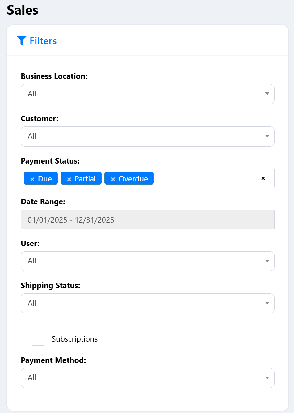 Multiple Payment Status Filter in Sales index page
