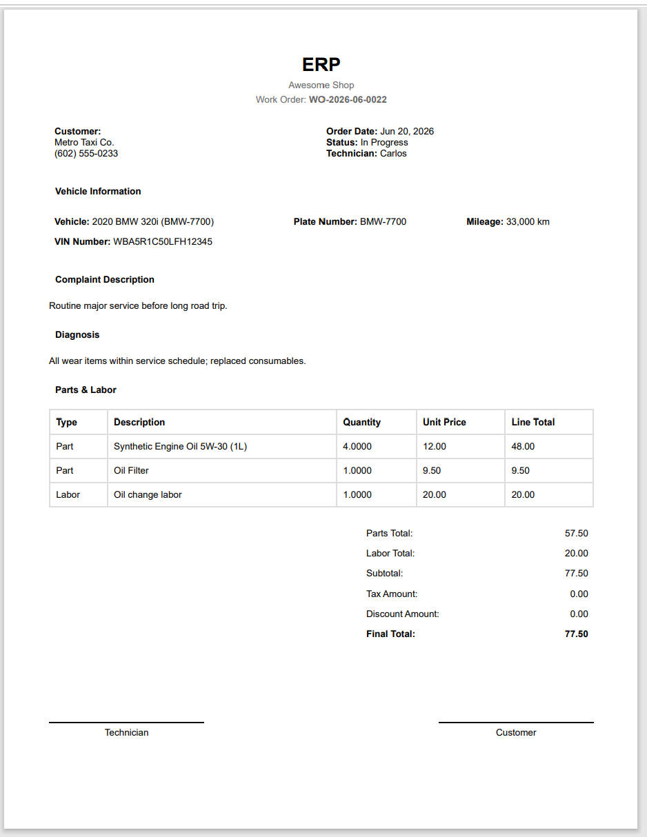 Printed work order invoice